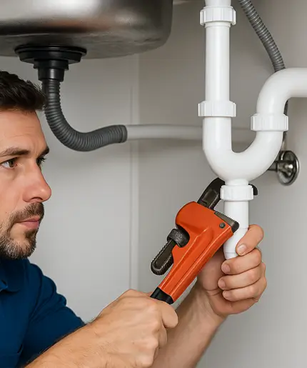 Plumber fixing kitchen sink pipe in Spring