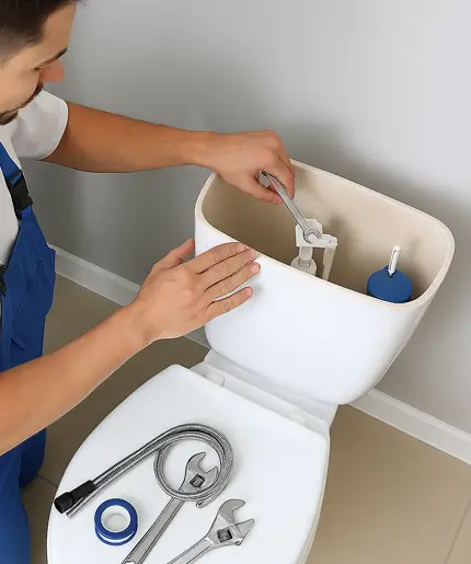Plumber repairing toilet in Spring, TX